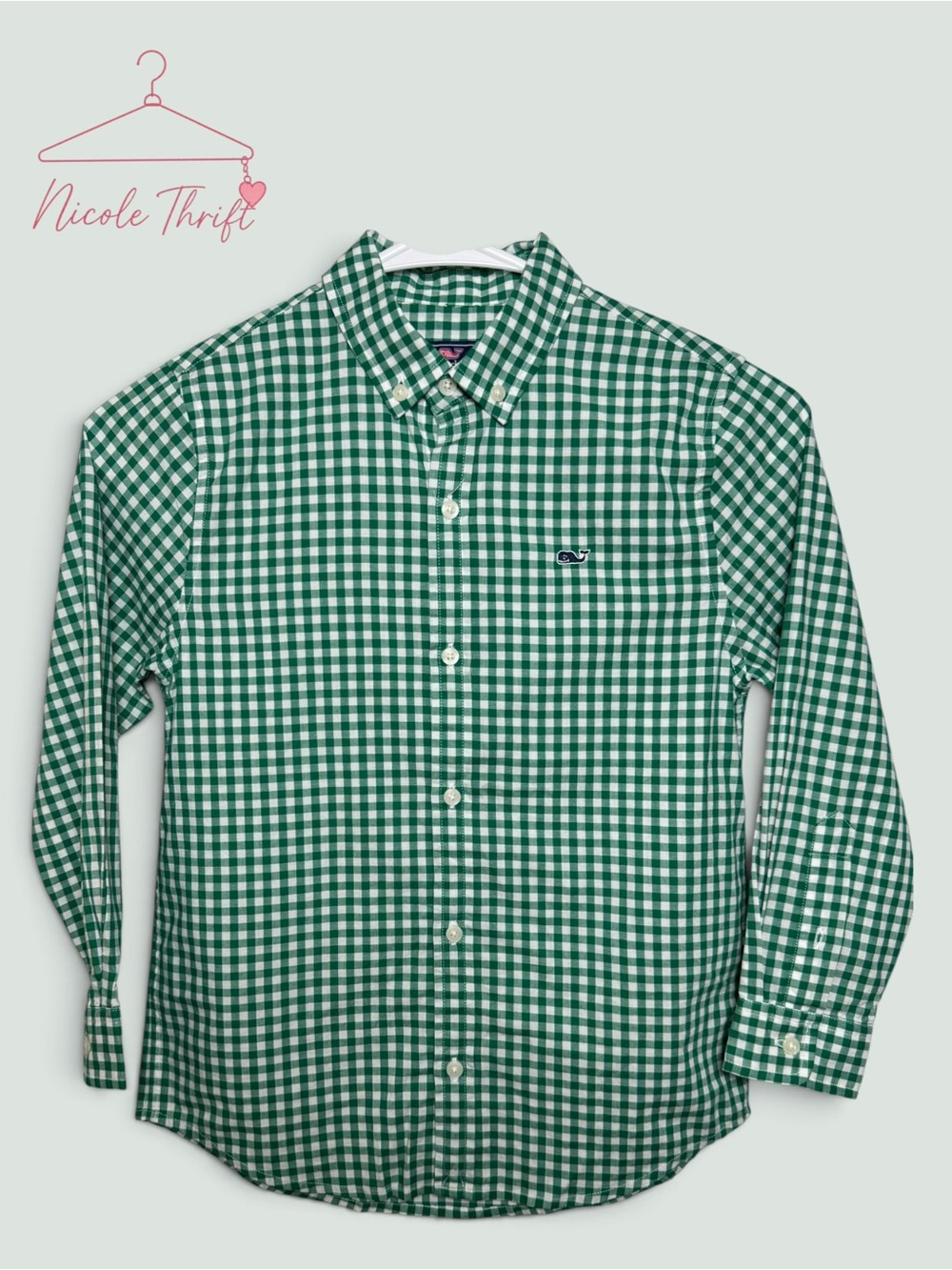 Vineyard Vines Boys Green Gingham Whale Shirt Size 7